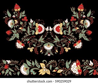 stock vector flowers and leaf ornament. oriental or russian pattern.necklace embroidery design