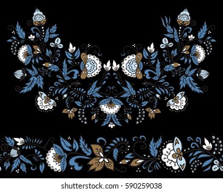 stock vector flowers and leaf ornament. oriental or russian pattern.necklace embroidery design