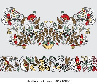 stock vector flowers and leaf ornament. oriental or russian pattern.necklace embroidery design