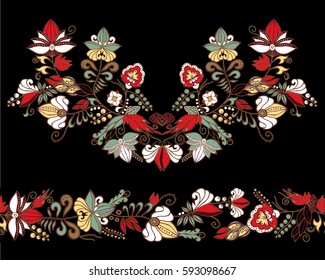 stock vector flowers and leaf ornament. oriental or russian pattern.necklace embroidery design