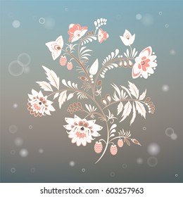 stock vector flowers and leaf ornament. oriental or russian pattern on the blurred background.necklace embroidery design