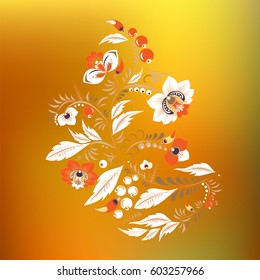 stock vector flowers and leaf ornament. oriental or russian pattern on the blurred background.necklace embroidery design