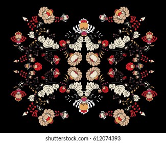 stock vector flowers and leaf ornament. oriental or russian pattern.necklace embroidery design