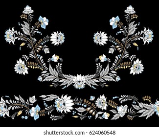 stock vector flowers and leaf ornament. oriental or russian pattern.necklace embroidery design