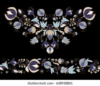 stock vector flowers and leaf ornament. oriental or russian pattern.necklace embroidery design