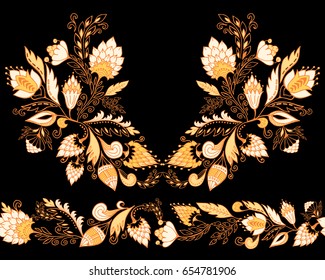 stock vector flowers and leaf ornament. oriental or russian pattern.necklace embroidery design