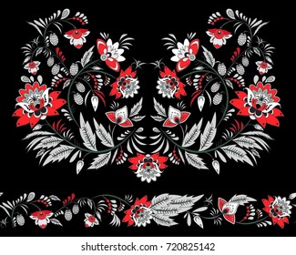stock vector flowers and leaf ornament. oriental or russian pattern.necklace embroidery design