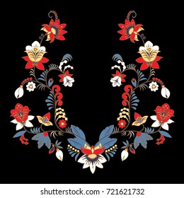 stock vector flowers and leaf ornament. oriental or russian pattern.necklace embroidery design