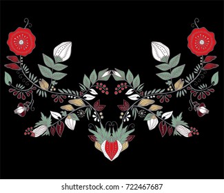 stock vector flowers and leaf ornament. oriental or russian pattern.necklace embroidery design