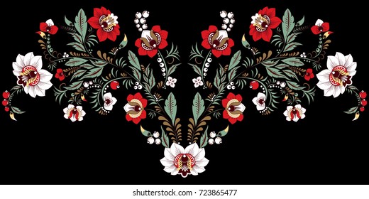 stock vector flowers and leaf ornament. oriental or russian pattern.necklace embroidery design