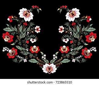 stock vector flowers and leaf ornament. oriental or russian pattern.necklace embroidery design