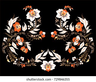 stock vector flowers and leaf ornament. oriental or russian pattern.necklace embroidery design