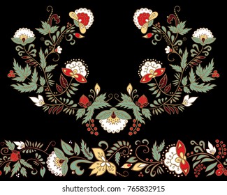 stock vector flowers and leaf ornament. oriental or russian pattern.necklace embroidery design