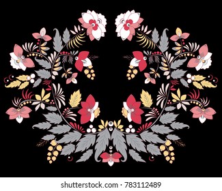 stock vector flowers and leaf ornament. oriental or russian pattern.necklace embroidery design