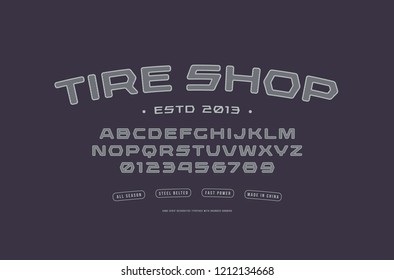 Fuente de Vector, alfabeto, tipografía con escotilla y esquinas redondeadas. Letras y números para carreras, logotipo de la tienda de neumáticos y diseño de titulares