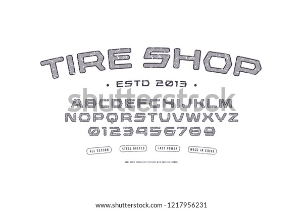 Stock vector font,\
alphabet, typography with hatching and rounded corners. Letters and\
numbers with vintage texture for racing, tire shop logo and\
headline design