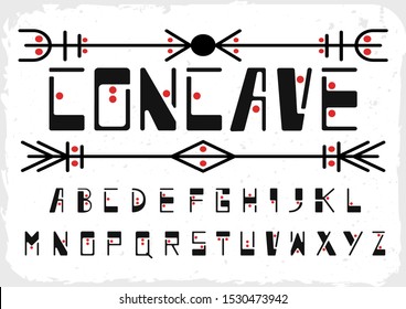 stock vector font set geometric ethnic style with red points, font template. alphabet retro typography for party poster, t shirt. minimalistic concept font design.