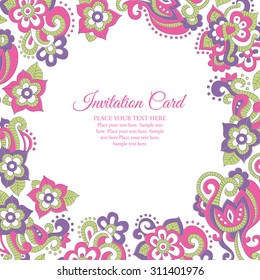 Stock vector frame  with floral ornament (bright pink and violet flowers in doodling stile). Lovely saturated colors. Card template for invitations, Valentine's Day, decoration etc.