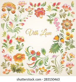 Stock vector frame  on light  background with floral ornament in folk style (Ukrainian folk art). Soft and lovely colors. Can be used for packaging, invitations, decoration etc