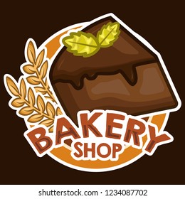 stock vector of fresh bakery shop products and pastry, sliced cake, mint leaf and wheat emblem, logo, badge, patch graphic object illustration