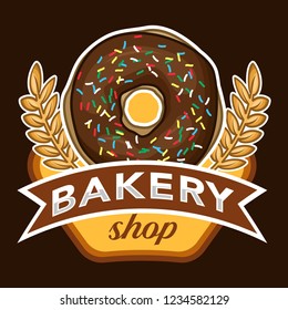 stock vector of fresh bakery shop products and pastry, donut and wheat emblem, logo, badge, patch graphic object illustration