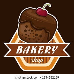 stock vector of fresh bakery shop products and pastry, muffin emblem, logo, badge, patch graphic object illustration