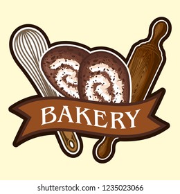 stock vector of fresh bakery shop products and pastry, swiss roll emblem, logo, badge, patch graphic object illustration