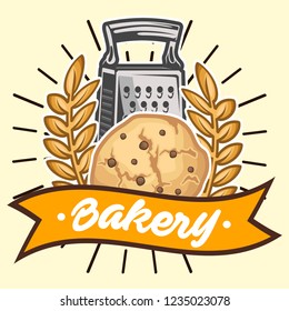 stock vector of fresh bakery shop products and pastry, cookies and wheat emblem, logo, badge, patch graphic object illustration