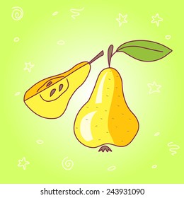 stock vector fresh pear doodle on lime light spotted background