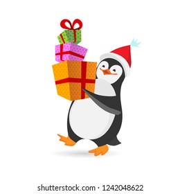 Stock vector funny Christmas penguin is carrying a stack of big colorful gift boxes