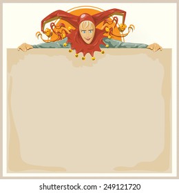 Stock Vector - Funny clown holding a poster for your congratulations for decoration and design