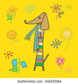 stock vector funny long dog in a striped scarf on a floral background