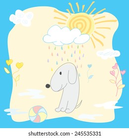 stock vector funny puppy under colorful rain