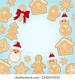 Stock vector gingerbread cookies blue background. Copy space in the middle square christmas greeting card.