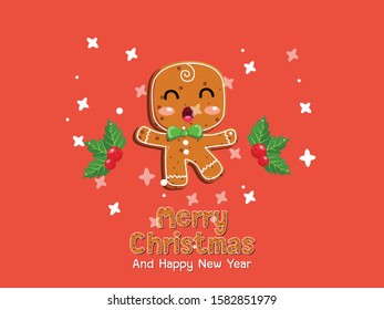 Stock vector Gingerbread man cookie. Merry christmas and happy new year greeting card. Vector clipart illustration on color background