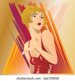 Stock vector. Girl on a background of abstract rays of light.