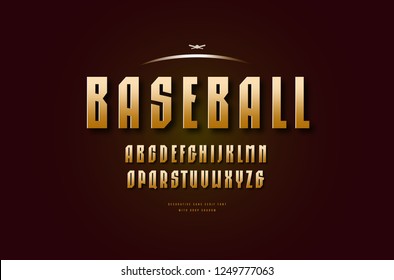 Stock vector golden colored narrow sans serif font, alphabet, typeface. Letters for college sport team logo design