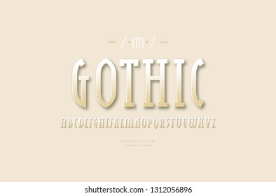 Stock vector golden colored narrow slab serif font. Letters and numbers for logo and headline design in gothic style. Color print on light ocher background