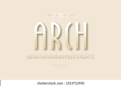 Stock vector golden colored narrow sans serif font. Letters and numbers for logo and headline design in gothic style. Color print on light ocher background