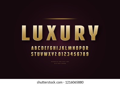 Stock vector golden colored sans serif font, alphabet, typography. Letters and numbers for logo and headline design