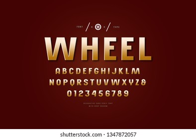 Stock vector golden colored sans serif font. Letters and numbers for logo and title design in sport style