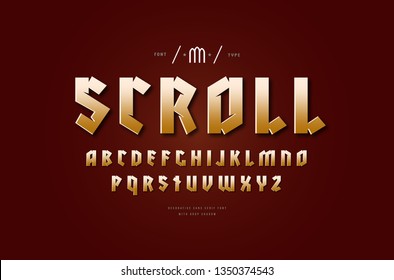 Stock vector golden colored sans serif font. Letters and numbers for logo and headline design in gothic  style