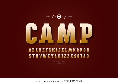 Stock vector golden colored serif font. Letters and numbers for logo and headline design in sport  style