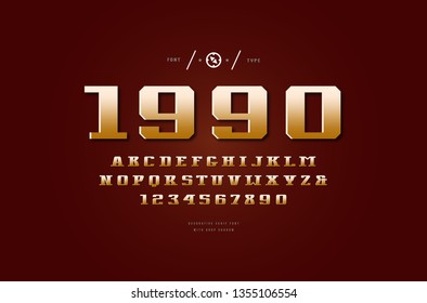 Stock vector golden colored serif font. Letters and numbers for logo and title design in urban style