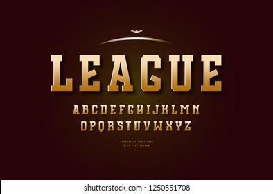 Stock vector golden colored slab serif font, alphabet, typeface. Letters for college sport team logo design