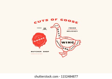 Stock vector goose cuts diagram in thin line style. Color print on white background