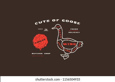 Stock vector goose cuts diagram in thin line style. Design with rough texture. Color print on black background