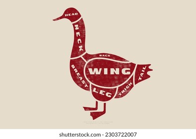 Stock vector goose cuts diagram in flat style. Design with rough texture. Red print on light background