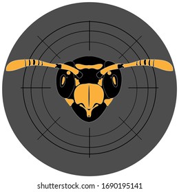 Stock vector graphic illustration wasp head icon from front isolated on grey background. Hand realistic drawing. Design for graphic, logo and web purposes.