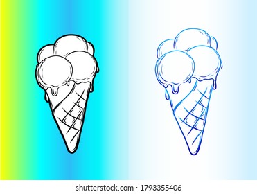 Stock vector graphics. Ice cream in waffles, one as a stencil, the other as a black and white sticker. Ice cream isolated on a gradient background.
